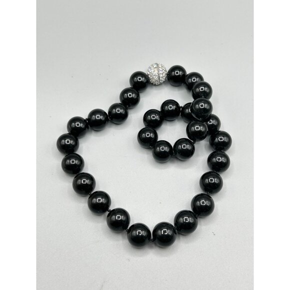 Vintage Black Beaded Glass Necklace Rhinestones Clasp Hand Knotted Fancy Jewelry - Picture 2 of 10